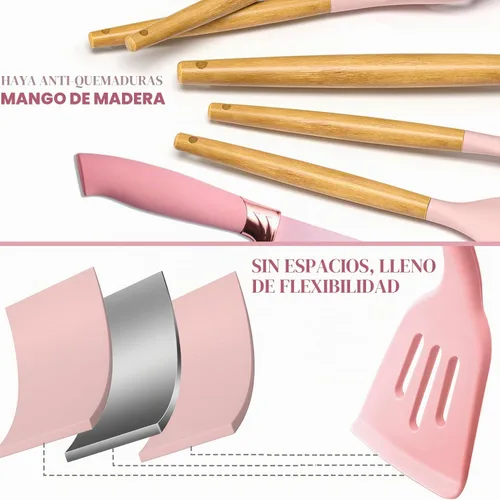 Vista 6 de 19 piezas de juego de utensilios de cocina de silicona rosa con mango de madera y juego de cuchillos, espátula antiadherente resistente al calor