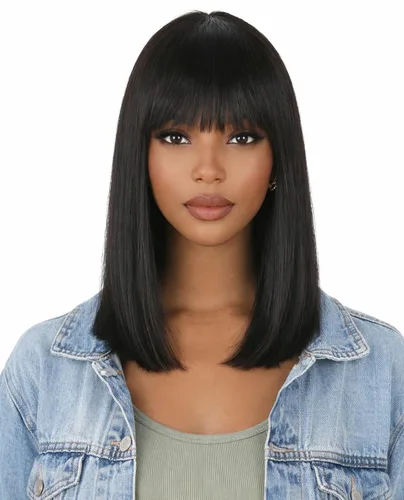Vista 10 de Peluca de cabello humano lacio rubio 613 de 15 pulgadas con flequillo, sin pegamento, sin encaje frontal, Yaki Bob para mujer