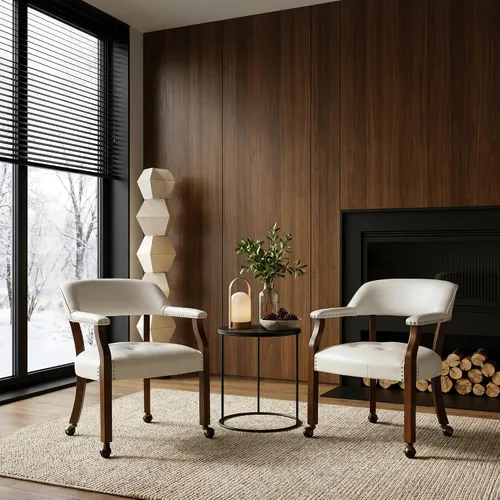 Vista 38 de LEEMTORIG Juego de 2 sillas de comedor con ruedas y brazo, sillas de comedor grandes con ruedas, silla de mesa de póquer de madera maciza, 26