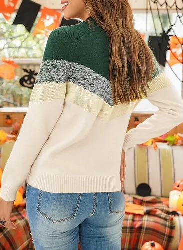Vista 2 de Dokotoo - Suéter de bloques de colores para mujer, suéter de manga larga con cuello redondo, suéter sin botones