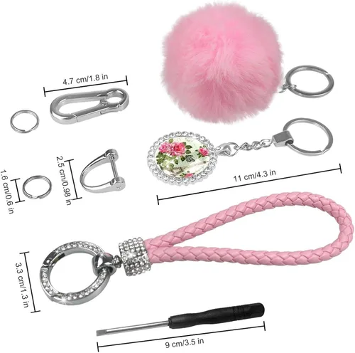 Vista 3 de Juego de llaveros con diseño de flores moradas de zorro para mujeres y niñas con llavero con pompones, 8 piezas de accesorios portátiles