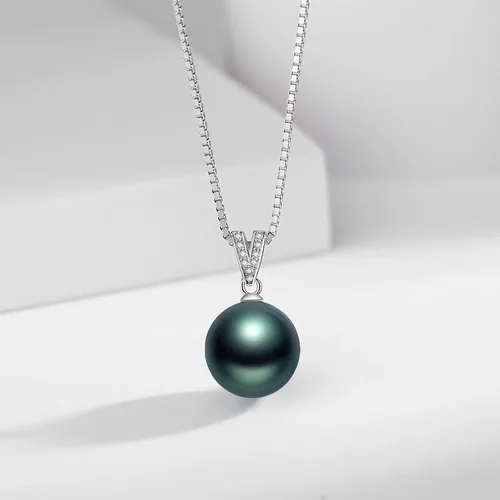 Vista 3 de YAMI BlackGolden Pearl Pendant Necklace for Women, Genuine Saltwater Cultured Tahitian Pearl, S925 Sterling Silver Single Pearl Necklace, Box Chain