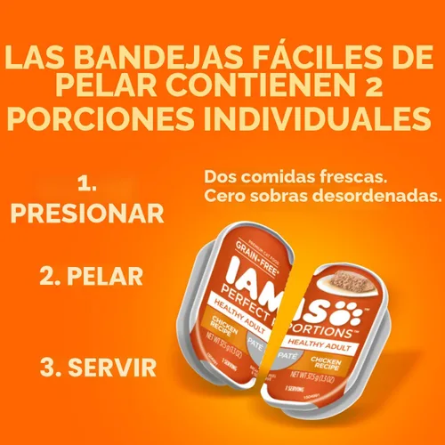 Vista 4 de IAMS Perfect Portions - Paté de comida húmeda para gatos adultos saludables, sin granos, receta de pollo, 2.6 onzas, bandejas gemelas fáciles