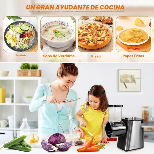 Vista 7 de Rallador de queso eléctrico Anatole de acero inoxidable, triturador de vegetales de 6 cuchillas, 250W, entrada y salida grandes, libre de BPA, 110V
