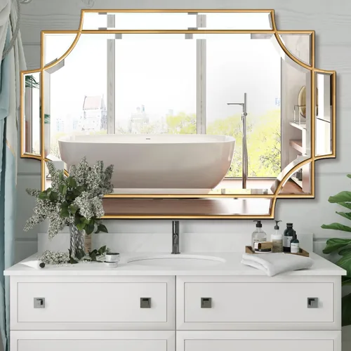 Vista 8 de Espejo de baño dorado para pared, espejo rectangular de tocador de 24 x 36 pulgadas, espejo decorativo moderno biselado pulido para entrada, sala