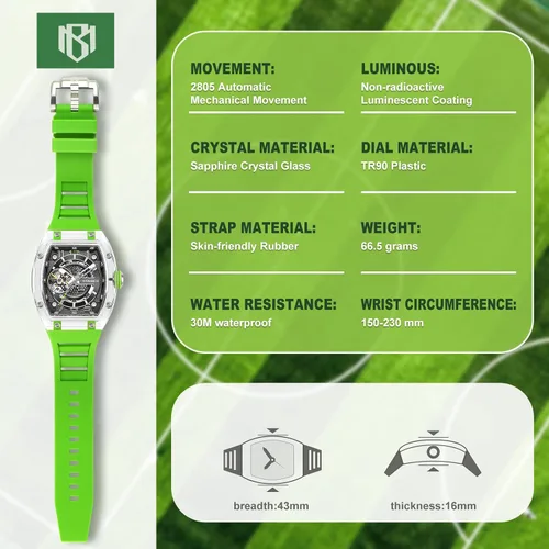Vista 2 de MINBER Reloj automático de esqueleto, esfera de 1.693 in con manecillas luminosas, reloj de cuerda automática, resistente al agua 3 ATM, plástico