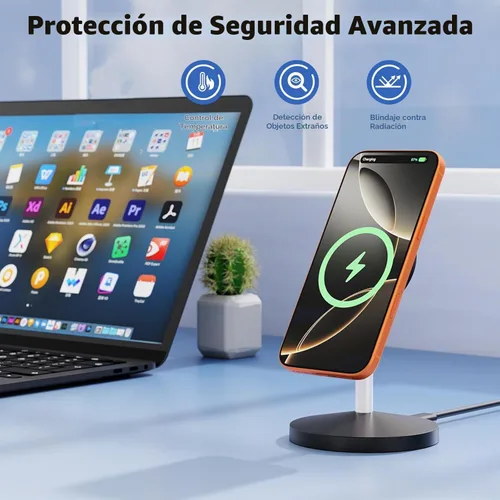 Vista 4 de Cargador inalámbrico magnético y soporte de teléfono 15W estación de carga Negro