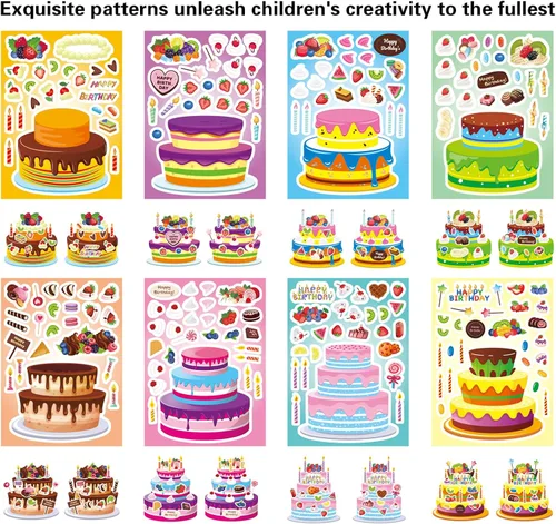 Vista 4 de DUJAA 24 hojas de calcomanías de cumpleaños, calcomanías Make-a-Cake para niños, juego de calcomanías de pastel de cumpleaños, color