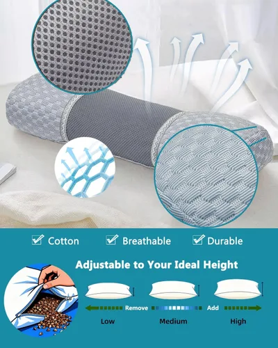 Vista 3 de Almohada cervical de trigo sarraceno para dormir, almohada ajustable para alivio del cuello con funda de almohada lavable, cojín cilíndrico redondo