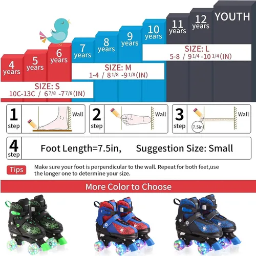 Vista 5 de Patines de ruedas Nattork para niños y niñas, patines cuádruples ajustables en 4 tallas para niños con ruedas iluminadas, genial regalo