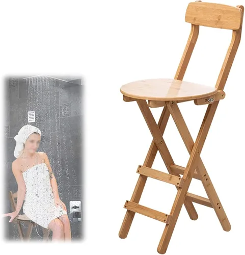 Vista 8 de Taburetes de bar plegables de bambú para el desayuno, taburete de cocina de 24 pulgadas/27 pulgadas con respaldo, silla alta de madera plegable