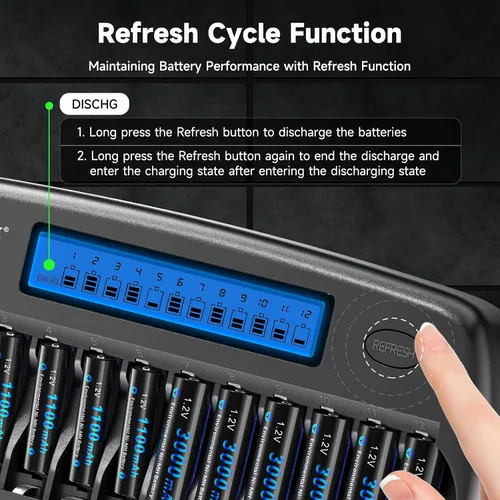 Vista 4 de CITYORK - Baterías AA recargables con cargador, paquete de 12 baterías de 3000 mAh doble A Ni-MH de baja autodescarga con cargador LCD de 12 bahías