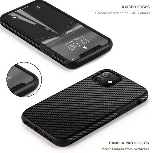 Vista 3 de Tasikar Compatible con iPhone 11, diseño de cuero de fibra de carbono con parachoques de TPU Premium Hybrid Case (negro)