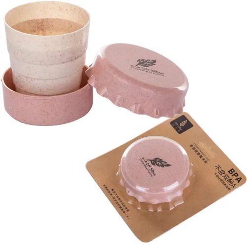 Vista 9 de Taza de camping plegable con tapa, plegable telescópica de trigo con paja, taza de agua plegable sin BPA para viajes al aire libre, color beige
