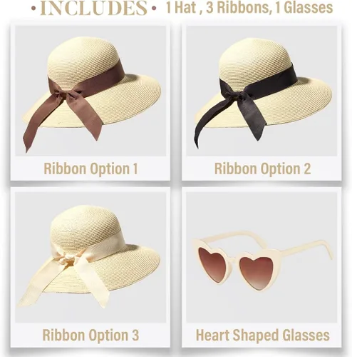 Vista 2 de Funcredible Sombreros de playa para mujer Sombrero de paja Panamá con gafas en forma de corazón Sombrero plegable enrollable de verano Fedora UPF