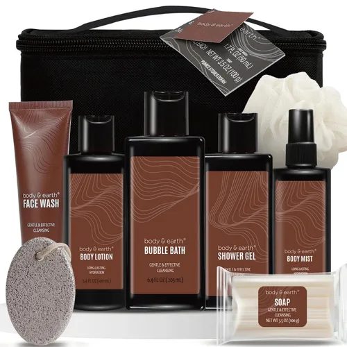 Vista 10 de Body & Earth Cestas de regalo para hombres, juego de baño con aroma cítrico para baño y cuerpo con loción corporal, gel de ducha, baño de burbujas
