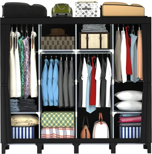 Vista 10 de Armario portátil, caja de almacenamiento de ropa, armario simple para colgar ropa, múltiples estantes y 3 barras, 6 bolsillos laterales (negro)