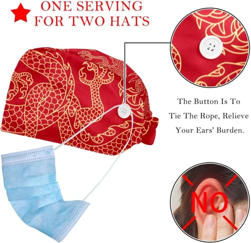 Vista 2 de 2 Pcs Womens Working Caps with Button Retro Love Red Rose Flower Pattern Lace-Up Hat Unisex Hair Covers One