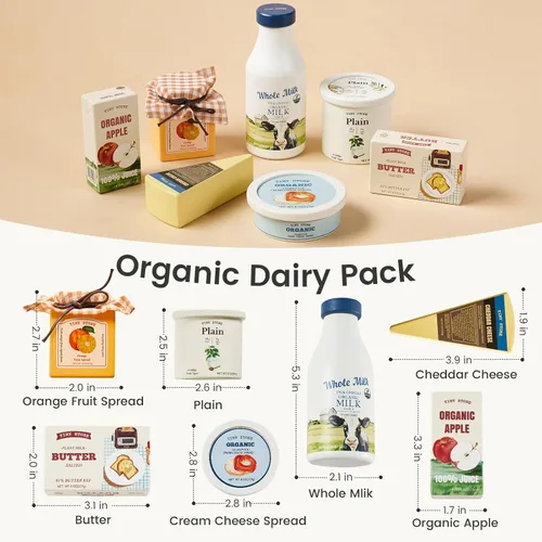 Vista 6 de Tiny Land Juego de lácteos y bebidas de madera, 7 piezas de juguete de comida de simulación con leche, jugo y queso, divertido accesorio de cocina