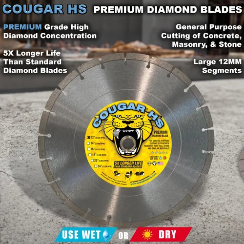 Vista 2 de Cougar HS Hoja de sierra de hormigón de diamante de 12 pulgadas, hoja segmentada de uso general premium, hormigón de corte seco/húmedo, mampostería
