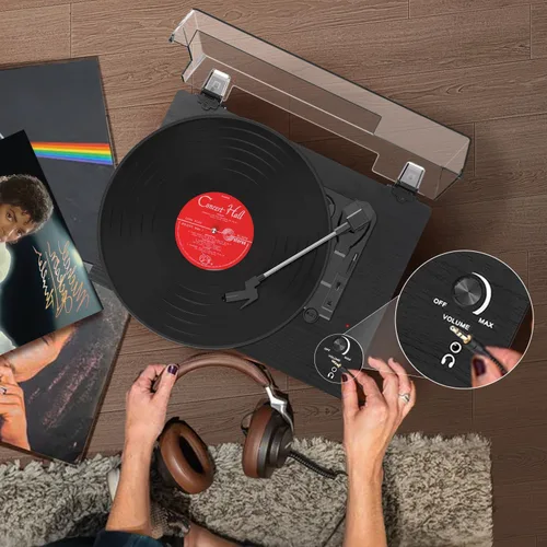Vista 5 de Tocadiscos de vinilo Bluetooth con altavoces estéreo incorporados, transmisión por correa, tocadiscos de 3 velocidades para discos de vinilo