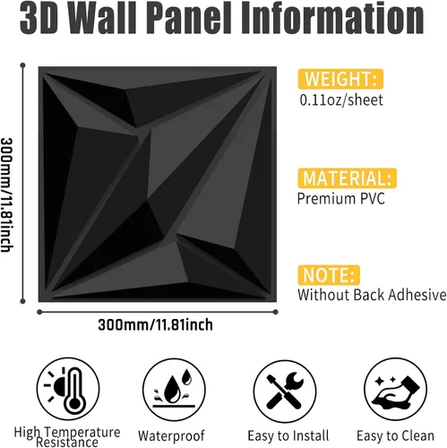 Vista 2 de Paneles decorativos de pared 3D, paquete de 33 azulejos texturizados de PVC de 12 x 12 pulgadas, color negro, cubre 33 pies cuadrados, arte de pared