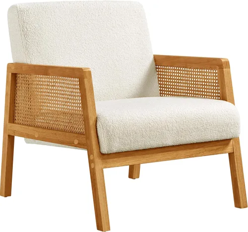 Vista 10 de Yaheetech Silla decorativa, sillón moderno de ratán, cómoda silla de lino con patas de madera para sala de estar, dormitorio, sala de lectura Beige