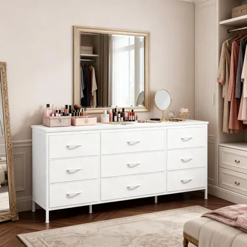 Vista 11 de EnHomee Cómoda para dormitorio, soporte de TV de 9 cajones para TV de 55 o 60 pulgadas, gran centro de entretenimiento, cómoda ancha para armario