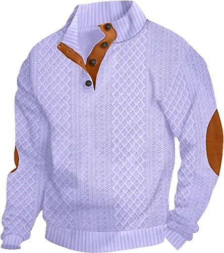 Vista 9 de Suéter de manga larga para hombre, casual, con botones de un cuarto, con cuello alto, sudadera con capucha