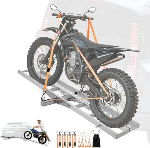 Vista 11 de VEVOR Portabicicletas, 2 bicicletas de 600 libras, soporte de enganche de motocicleta de aluminio, rampa de carga, transportador de remolque de moto