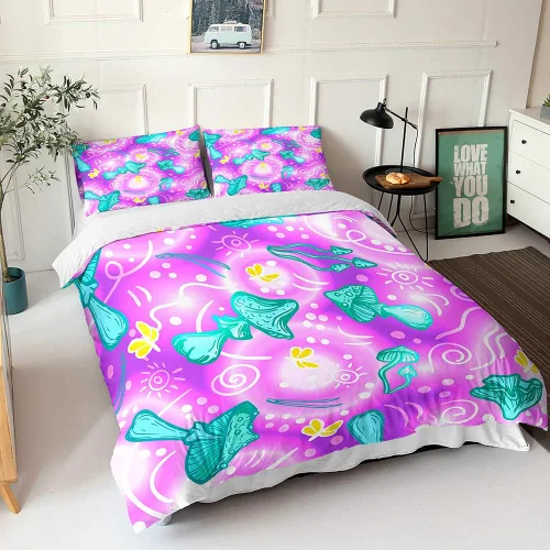 Vista 11 de Juego de funda de edredón psicodélico de fantasía con diseño de hongos psicodélicos, galaxia, verde cielo, morado, diseño de hongos estrellados, #1
