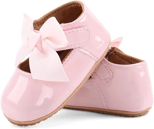Vista 2 de ESTAMICO Zapatos planos de Mary Jane para niñas pequeñas, suela de goma suave, zapatos de princesa con lazo para cuna, vestido de boda