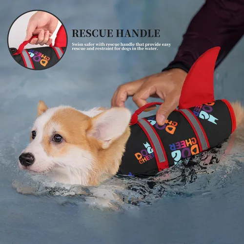 Vista 2 de Dogcheer - Chaleco salvavidas para perros, lindo diseño de tiburón para natación y navegación con flotabilidad superior y asa de rescate, chaleco