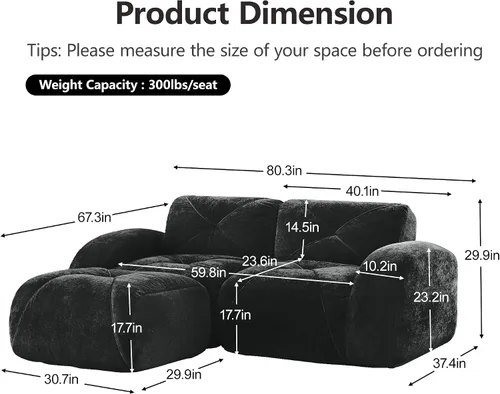Vista 2 de Velvet Boneless Couch with Ottoman, 80 in Velvet Reversible L Sectional Sofa Overstuffed 32D Boneless Cloud Couch,No Assembly Need, for Small Spaces