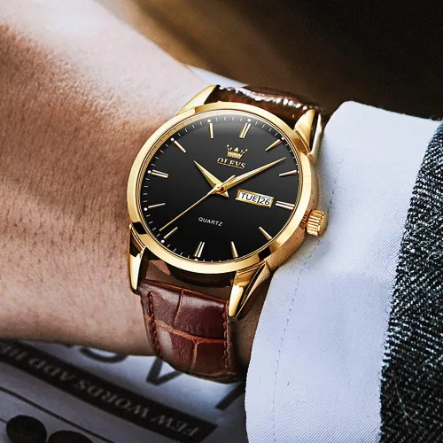 Vista 5 de OLEVS Relojes para hombres de cuero marrón caja dorada analógico cuarzo moda negocios vestido reloj día fecha luminoso impermeable casual masculino