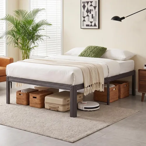 Vista 2 de Marco de cama de plataforma de metal doble de 14 pulgadas con Resistente, no necesita somier, sin ruido, fácil montaje, estilo contemporáneo, negro