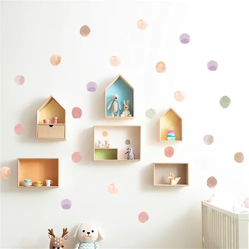 Vista 2 de 6 hojas de 72 calcomanías de pared de lunares de acuarela colorida, calcomanías de pared de arte de arco iris, vinilo extraíble para niños Colorido