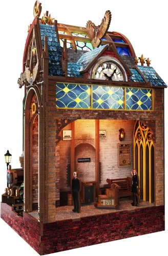 Vista 9 de Kit de rincón de libros, estante en miniatura para casa con luces LED y música, rompecabezas de madera 3D de estación de tren retro para adultos