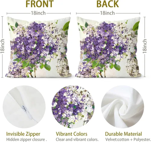 Vista 4 de Juego de 2 fundas de almohada decorativas de terciopelo con flores de hortensias moradas de 18 x 18 pulgadas, fundas de almohada decorativas