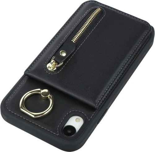 Vista 8 de Funda para iPhone XR Teléfono Cartera para Mujer, Funda para iPhone XR Teléfono con Tarjetero con Tarjeta de Crédito con Anillo Kickstand Cremallera