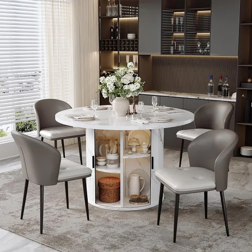 Vista 60 de Miereirl Juego de mesa y sillas de comedor moderno redondo, con una mesa de comedor de madera equipada con compartimentos de almacenamiento