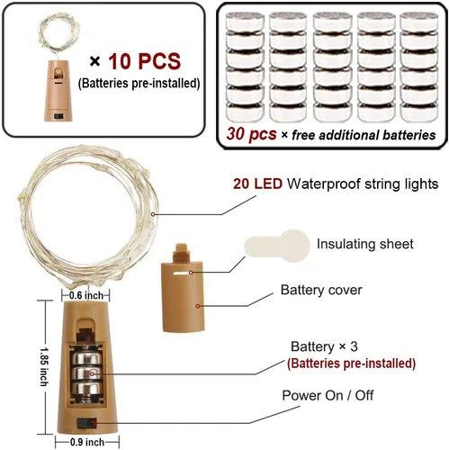 Vista 2 de MUMUXI Luces de Botella de Vino con Interruptor de Corcho [Paquete de 10] Luces de Botella de 20 LED de 3.3 pies Fáciles de Usar Luces de Corcho