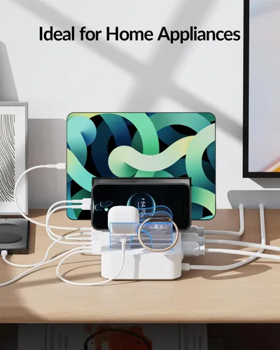 Vista 4 de SooPii Estación de carga de 60 W para múltiples dispositivos, base de carga USB C de 6 puertos con 3 salidas de CA, 3 USB C, 3USB A, cable