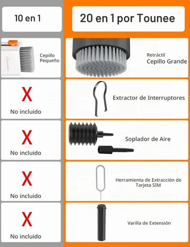 Vista 4 de Tounee Kit limpiador de teclado, kit de limpieza electrónica con cepillo grande retráctil, portátil, kit de herramientas múltiples 20 en 1 para Negro
