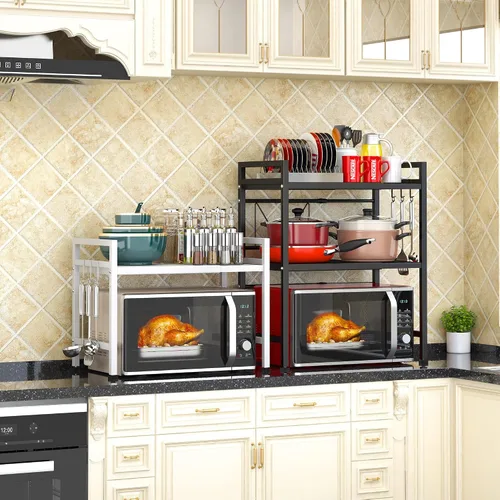 Vista 6 de PUSDON Estante para horno de microondas, estante ajustable resistente de 3 niveles con 3 ganchos para organizador de encimera de cocina