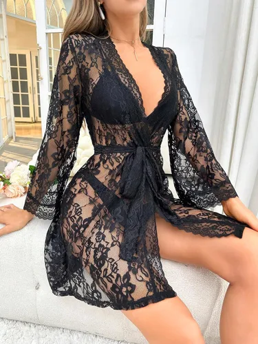 Vista 3 de Verdusa Camisón de encaje transparente festoneado de manga larga para mujer