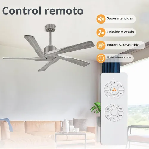 Vista 2 de WINGBO - Ventilador de techo de 54" de ABS con motor DC sin luz, ventilador de techo de 5 aspas con veta de madera de ABS con control remoto, motor