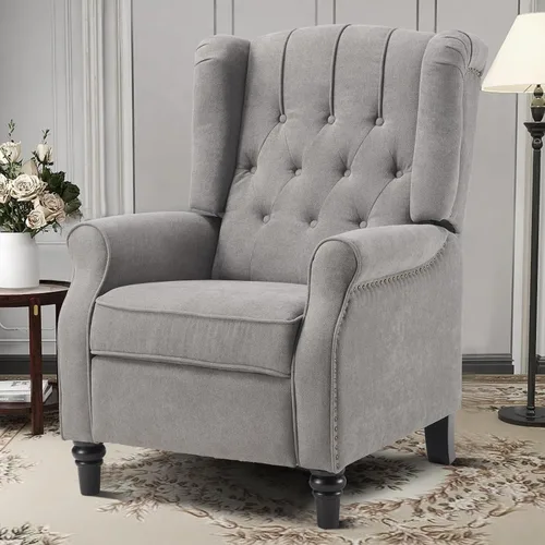 Vista 10 de 2 Sillas Reclinables Pushback, Sillones de Tela con Respaldo Reclinable y Decoración de Remaches, Sofá Individual Silla de Acento para Sala de Beige
