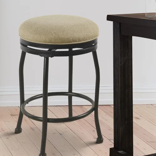 Vista 2 de Benjara Taburete de metal con asiento acolchado de tela giratoria, beige y negro