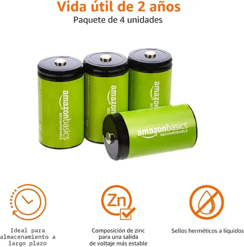 Vista 4 de Amazon Basics Baterías recargables de celda D, paquete de 4, NiMH, 10000 mAh, recarga hasta 1000 veces y precargadas